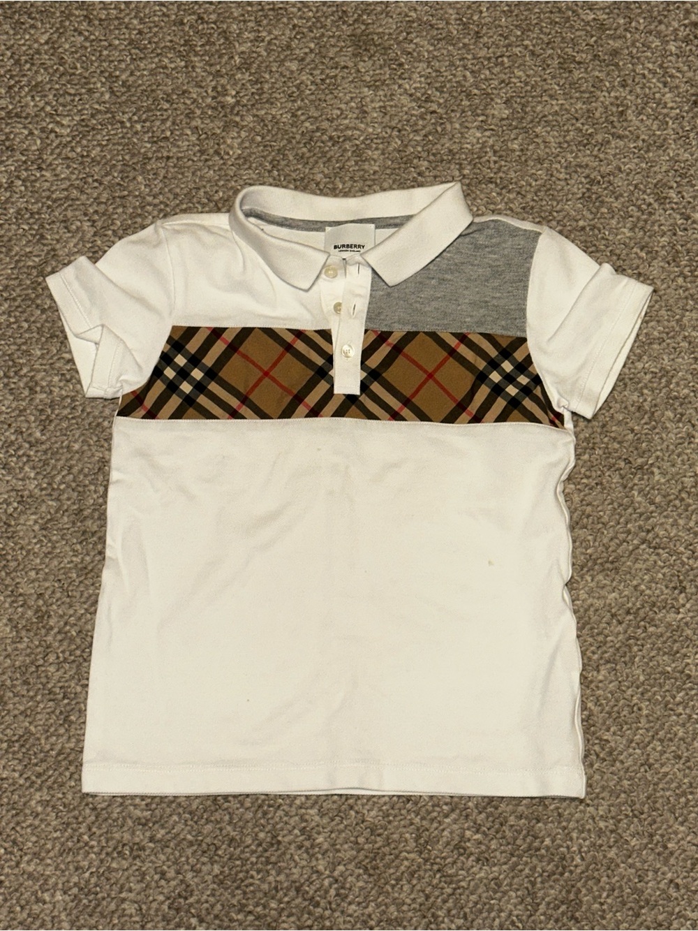 Burberry White Polo with Tan Check Panel and Gray Accent